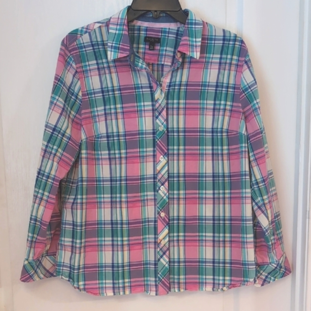 Talbots Pastel Plaid Lightweight Cotton Button Front Blouse. Size XL Petite